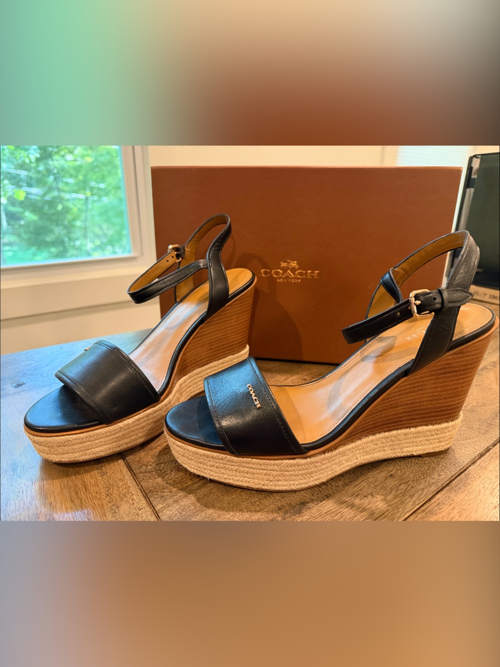 Coach Black Leather Espadrille Wedge Sandals